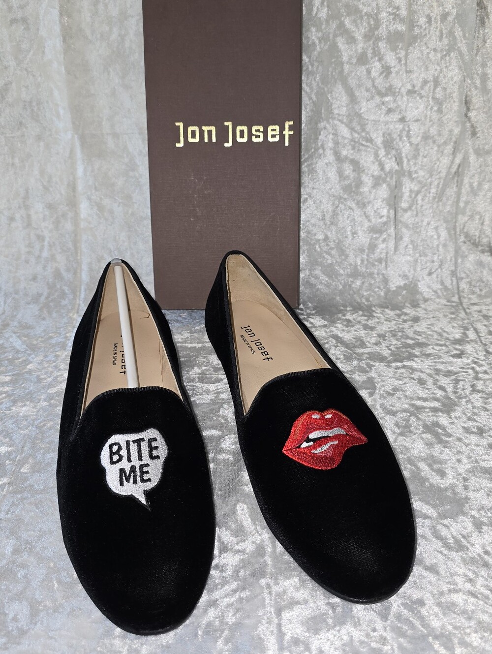 Jon Josef Women’s Black Velvet Loafers with Red Lip & White 'Bite Me' Patches